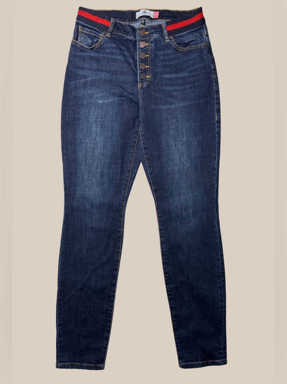CAbi Women’s SIMONE Button Fly Skinny Jeans, Red Blue Belted, Pockets, SZ 10